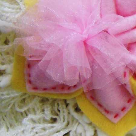 Sacchetto portaconfetti rosa e giallo con coccarda in organza rosa